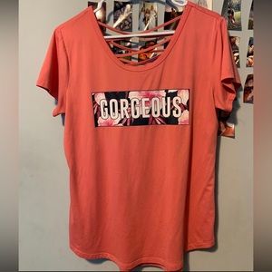 I am selling a no boundaries pink t-shirt that say’s gorgeous, size is x large